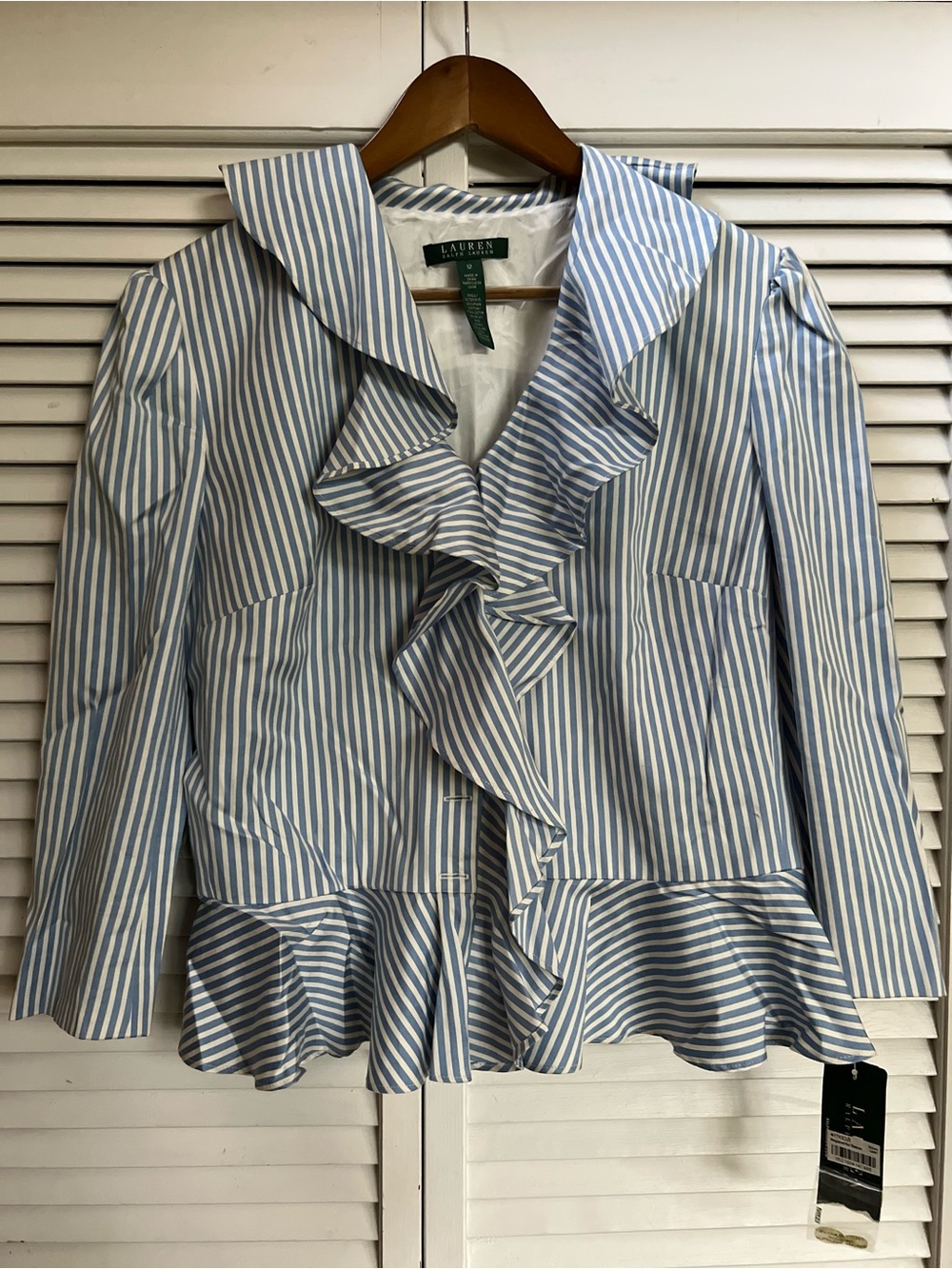 NWT Ralph Lauren Blue White Striped Lined Ruffled Jacket Blazer Coat L 12